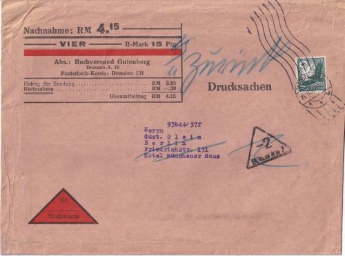 DR - 50 Pfg. Adler Nachnahme-Drucksache 250-500g Dresden - Berlin 24.11.37