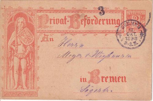 Bremen - 3/2 Pfg. Ganzsache/Überdruck Privat-Briefbeförderung Ortskarte 1893