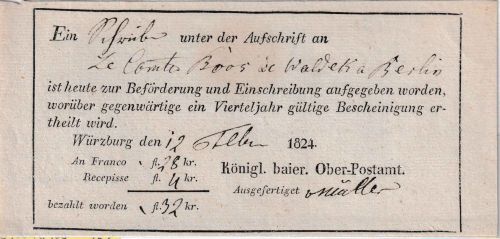Bayern - Würzburg 1824 Postaufgabeschein (28 Kr. Franko/4 Kr. Recepisse)