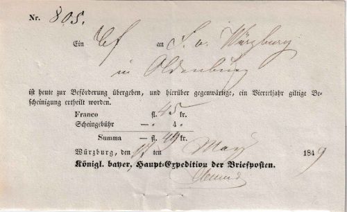 Bayern - Würzburg 1849 Postaufgabeschein f. Chargebrief n. OLDENBURG