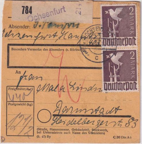 All.Bes. - 2x2 M. Taube u.a. Paketkarte Ochsenfurt - Darmstadt 7.5.48