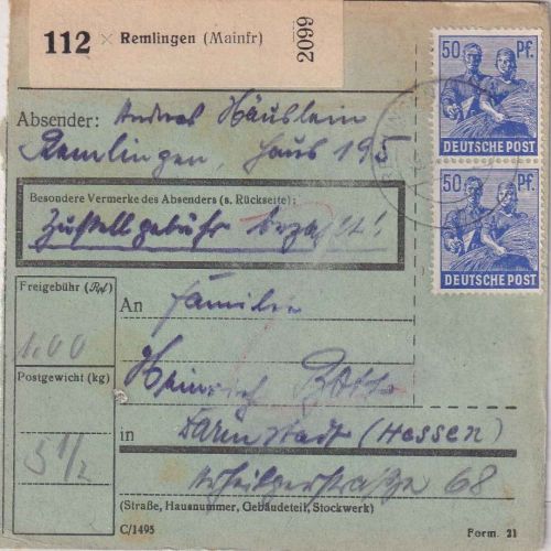 All.Bes. - 2x50 Pfg. Arbeiter Paketkarte Remlingen - Darmstadt 19.5.48