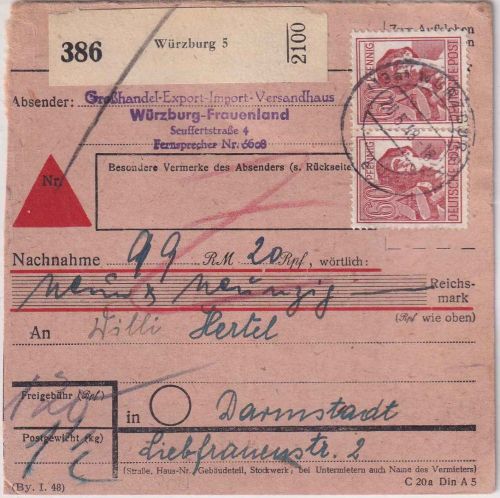 All.Bes. - 2x60 Pfg. Arbeiter Nachnahme-Paketkarte Würzburg 5 Darmstadt 20.5.48