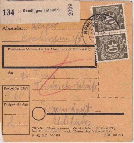 All.Bes. - 2x30 Pfg. Ziffer Paketkarte Remlingen - Darmstadt 20.5.48