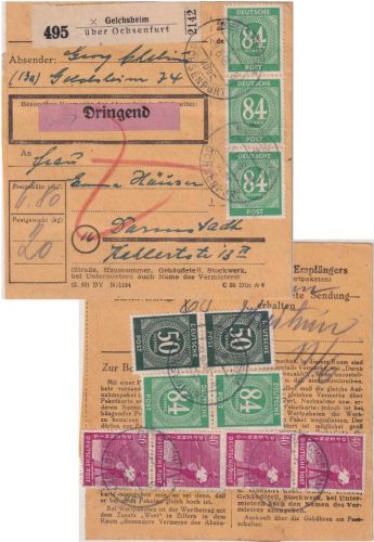 All.Bes. - 5x84 Pfg. Ziffer u.a. Dringend-Paketkarte Geichsheim ü. Ochsenfurt