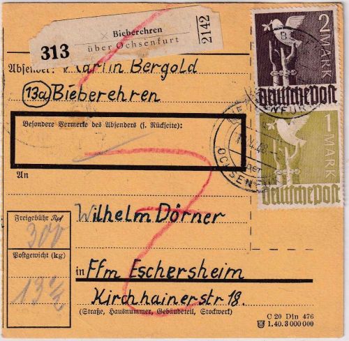 All.Bes. - 2+1 M. Taube Paketkarte Bieberehren ü. Ochsenfurt - FFM 11.4.48