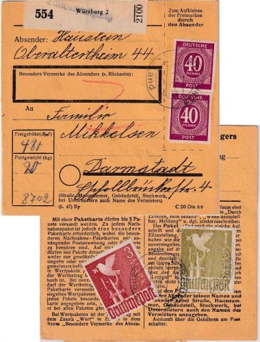 All.Bes. - 3+1 M. Taube u.a. Paketkarte Würzburg Land - Darmstadt 19.5.48