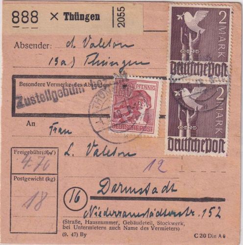All.Bes. - 2x2 M. Taube u.a. Paketkarte Thüngen - Darmstadt 4.5.48