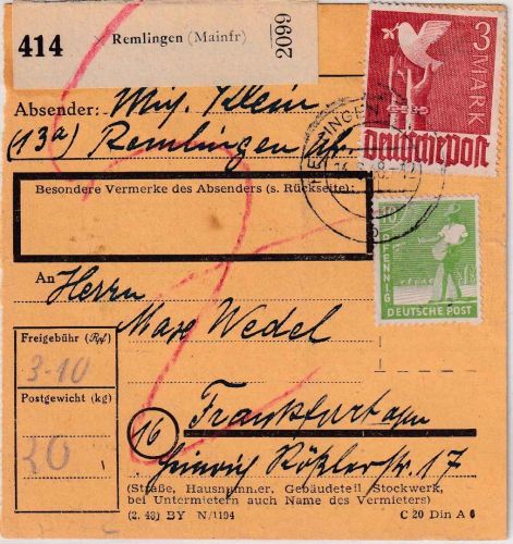 All.Bes. - 3 M. Taube u.a. Paketkarte Remlingen - FFM 14.6.48