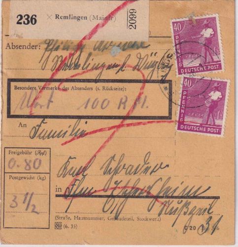 All.Bes. - 2x40 Pfg. Arbeiter Wertpaketkarte Remlingen - FFM 1.6.48