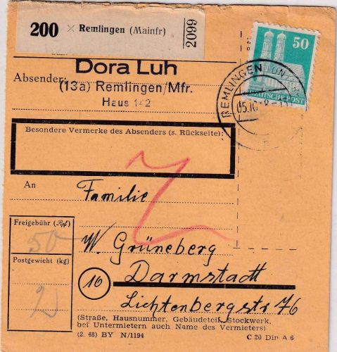 Bizone - 50 Pfg. Bauten Paketkarte Remlingen - Darmstadt 5.10.48