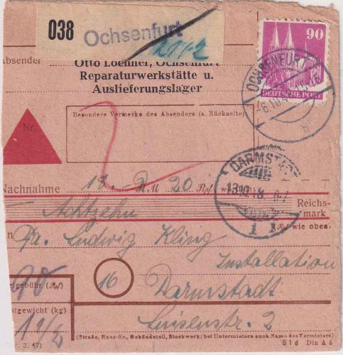Bizone - 90 Pfg. Bauten Nachnahme-Paketkarte Ochsenfurt - Darmstadt 6.10.48