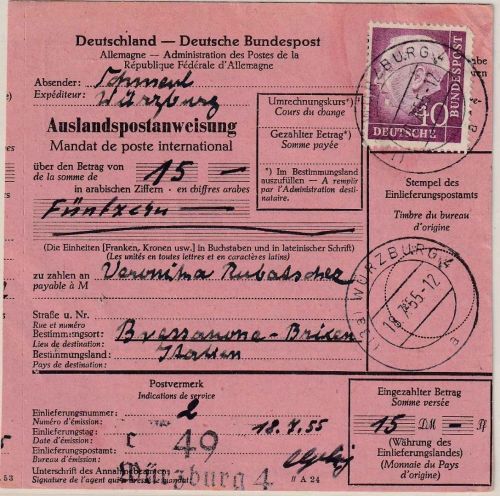 BRD - 40 Pfg. Heuss I Postanweisung n. ITALIEN Würzburg 4 - Brixen 18.7.55