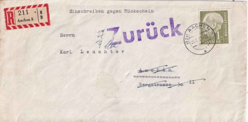 BRD - 1 M. Heuss I Orts-Einschreibebrief/Rückschein Aachen 5 25.6.57 RR!