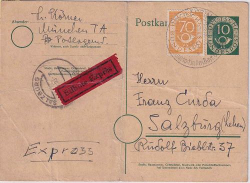 BRD - 10 Pfg. Posthorn Ganzsache + 70 Pfg. PH Eilkarte n. ÖSTERREICH 1953