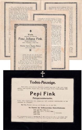 Bayern - Bad Tölz Juliana Fink Trauerrede 1921 + Todesanzeige Pepi Fink 1920