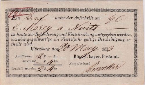 Bayern/Frankreich - Würzburg 1833 Postaufgabeschein (Chargebrief 2 fl. Franco !)