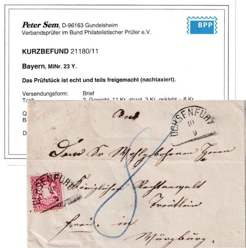 Bayern - 3 Kr. Wappen gez. Brief HKS Ochsenfurt 10/9 n. Würzburg - Nachporto !