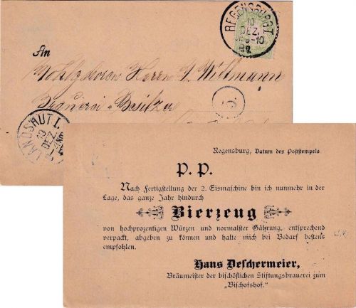 Bayern - 3 Pfg. Wappen Wz.3 Drucksachenkarte Regensburg - Landshut 1887