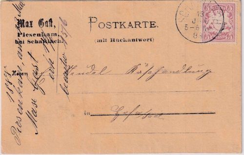 Bayern - 5 Pfg. Wappen A-Zähnung Firmenkarte Sachsenkam (Piesenkam) 13.6.1888