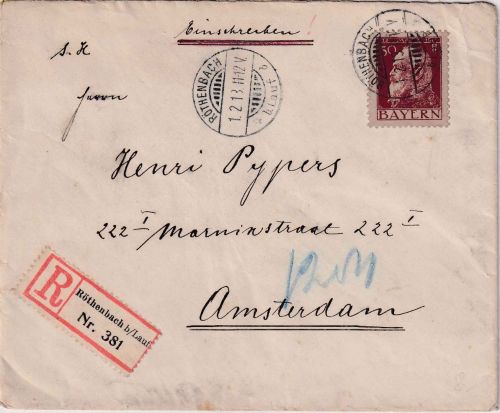 Bayern - 50 Pfg. Luitpold Einschreibbrief (3.Gew.st.) n. HOLLAND Röthenbach 1913