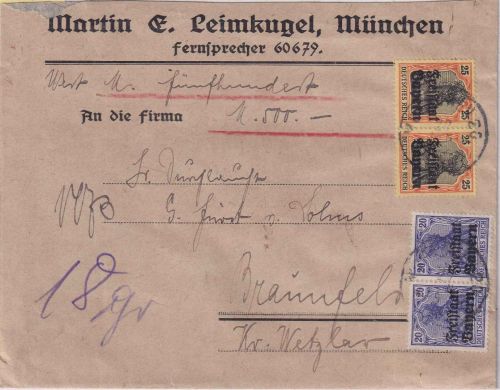 Bayern - 20+25 Pfg. Germania/Freistaat waagr. Paare Wertbrief München 27.1.20