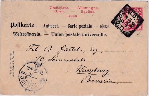 Bayern/England - 10 Pfg. Wappen Ganzsache/A-Teil London - Würzburg 1890