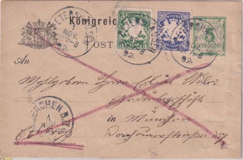 Bayern - 10 Pfg. Rauten Ganzsache+Zusatz/Eilkarte Petershausen - München 1892