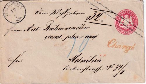 Bayern - 3 Kr. Ganzsache/Chargebrief Zier-K1 Pfarrkirchen 12/7 n. München