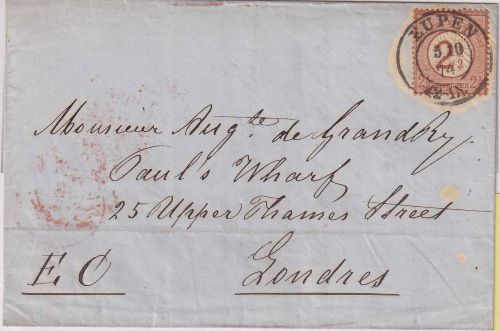 DR - 2 1/2 a. 2 1/2 Gr. Brustschild Brief n. ENGLAND K2 Eupen - London 5.10.1874