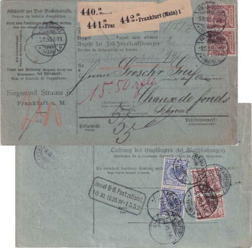 DR - 4x50+2x20 Pfg. K/A Perfin "SSJr" Paketkarte (3 Pkte.) Frankfurt a/M 1895