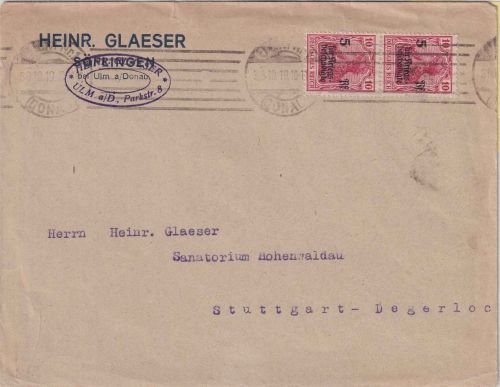 DR - 2x10 Pfg. Germania/Kriegsbeschädigte Brief Ulm - Stuttgart 30.10.19