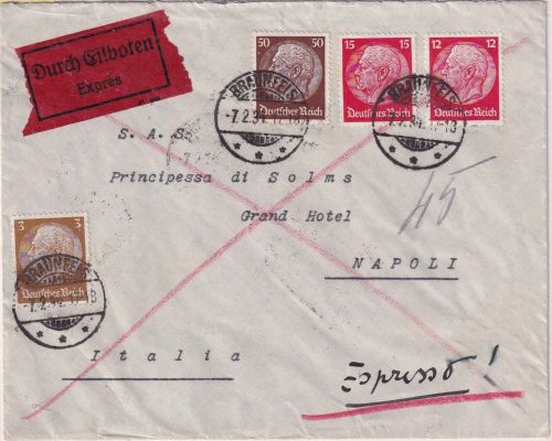 DR - 50 Pfg. Hindenburg Wz. Waaben u.a. Eilbrief n. ITALIEN Braunfels 7.2.34