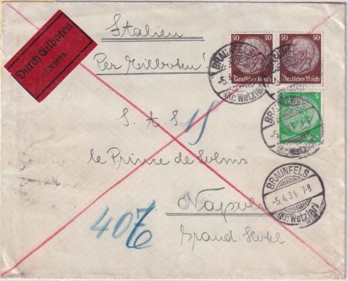 DR - 50 Pfg. Hindenburg Wz. Waaben waagr. Paar u.a. Eilbrief n. ITALIEN 5.4.34