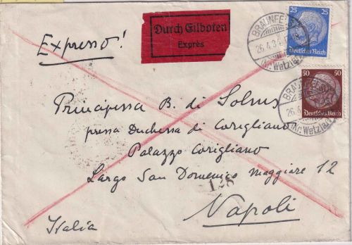 DR - 50+25 Pfg. Hindenburg Wz. Waaben Eilbrief n. ITALIEN Braunfels 26.4.34