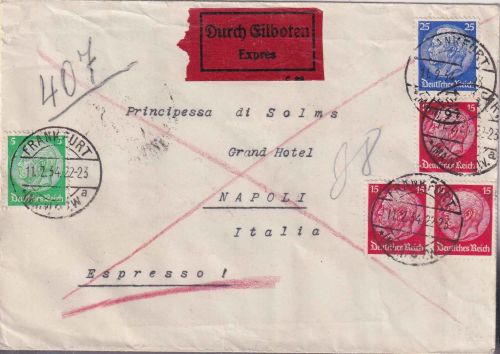 DR - 3x15 Pfg. Hindenburg Wz. Waaben u.a. Eilbrief n. ITALIEN 11.2.34