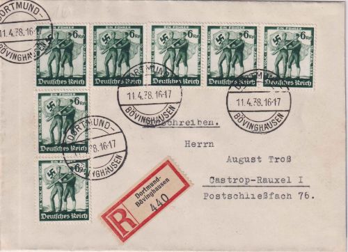 DR - 7x6 Pfg. Österreich Anschluss Einschreibebrief Dortmund-Bövinghausen 1938