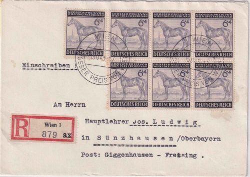 DR - 7x6 Pfg. Gr. Preis v. Wien Einschreibebrief SST Wien - Sünzhausen 15.8.43