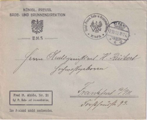 DR - Ems 2.10.10 Frei lt. Ablösung Nr.21 (Bade- u. Brunnendirektion) Brief n FFM