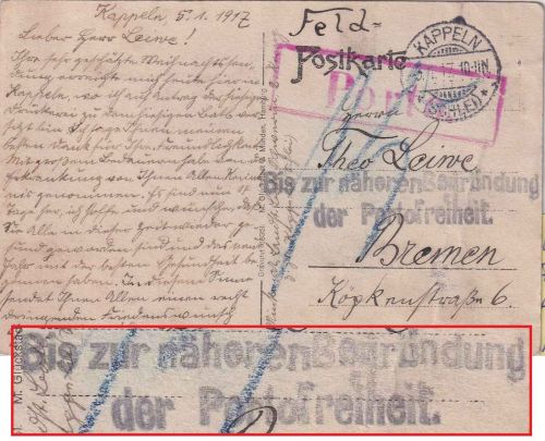 DR - Kappeln 1917 Feldpostkarte n. Bremen Nachporto - seltener Hinweis-L2