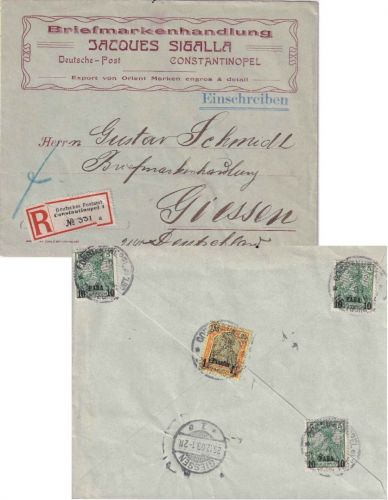 DP Türkei - 1 1/4 Pia. Germania/Reichspost u.a. Einschreibebrief Constantinopel