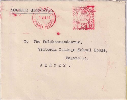 Dt.Bes. Kanalinseln - Jersey 2 1/2 P. Gebührenfreistempel Inselbriefbrief 1.8.41