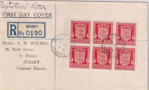 Dt.Bes. Kanalinseln - Jersey 1 P. Wappen 6er-Block Einschreibebrief/FDC 1.4.41