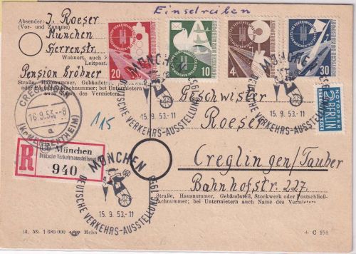 BRD - Dt. Verkehrsausstellung Satz/Einschreibekarte SST+So-R-Zettel München 1953