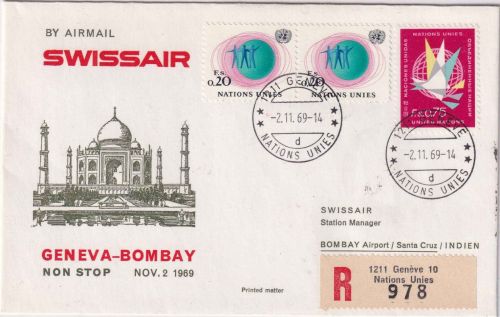 UNO Genf - Swiss Air Erstflug Genf/Bombay 1969 Luftpost-Einschreibebrief