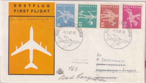 Schweiz - Swiss Air Erstflug Zürich/Kopenhagen 1967 Luftpostbrief