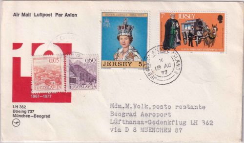 Jersey - Luftpostbrief n. JUGOSLAWIEN 1977 Postlagergebühr !