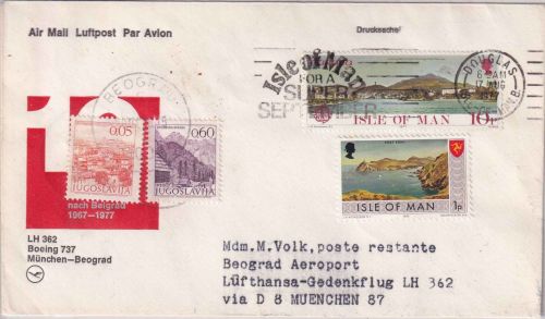 Isle of Man - Luftpostbrief n. JUGOSLAWIEN 1977 Postlagergebühr !