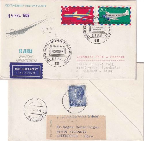 BRD - 50 J. Dt. Luftpostverkehr FDC ESST Bonn 1969 luxemb. Postlagergebühr