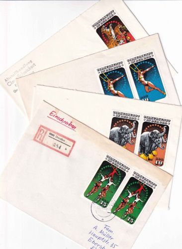 DDR - Zirkuskunst 4 Werte 3x portogerechte Mehrfachfrankaktur/1x EF 1989/90